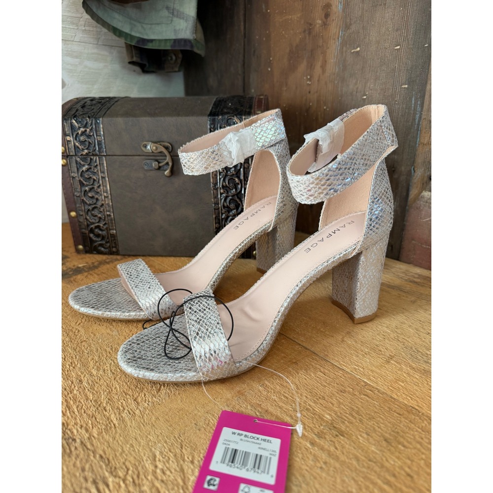 Rampage Block Heel Sandals Blush Snakeskin Metallic Ankle Strap Size 9 Party NEW